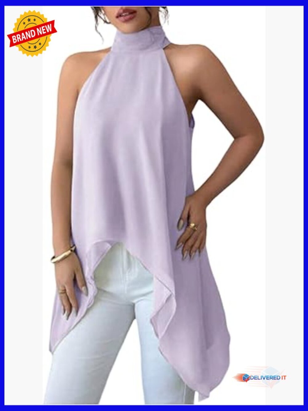 Chiffon Halter Neck Sleeveless Asymmetrical Hem Tank Top Flowy Blouse